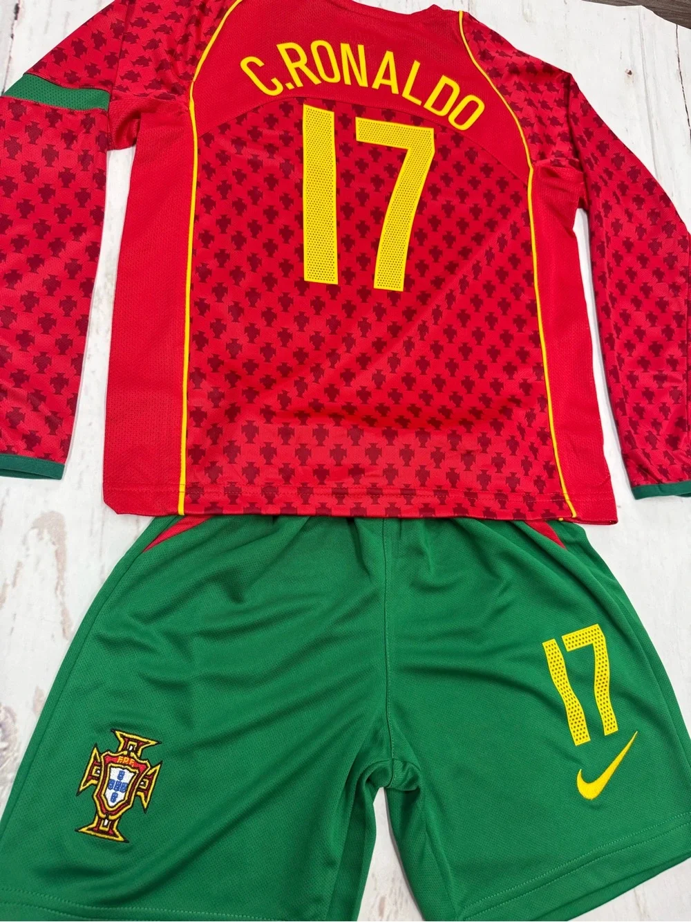 YOUTH Ronaldo Retro Jersey Long Sleeve Vintage Portugal Kit (Jersey + Shorts)